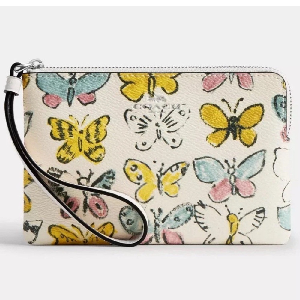 Coach Corner Zip Wristlet Chalk With Colorful Butterfly Printed Canvas NWT